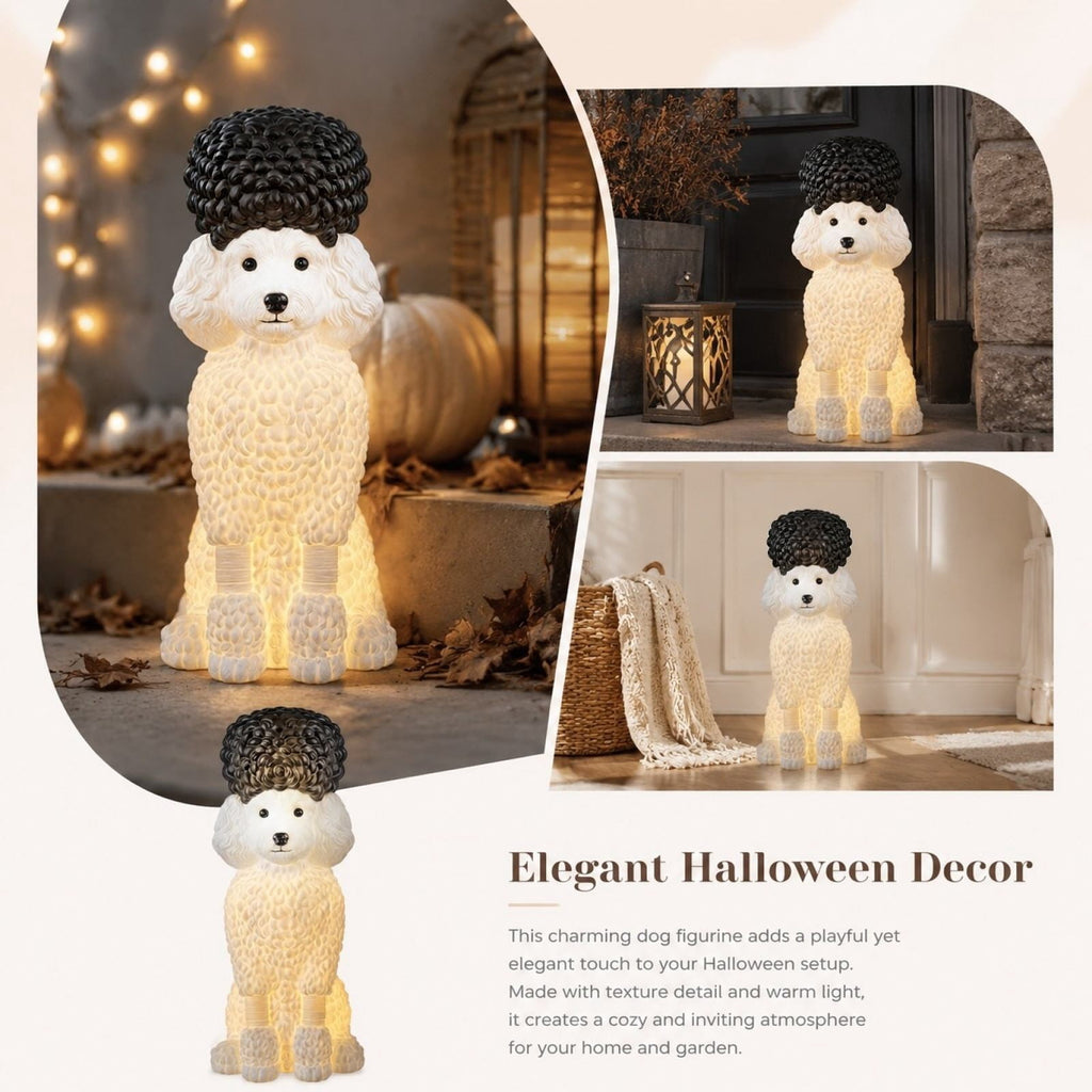 Halloween Dog Greeter - Frenchie 7.9in Resin Witch Dog with Light-Up Pumpkin, Spooky Fall Decor, Indoor Outdoor Tabletop Decoration