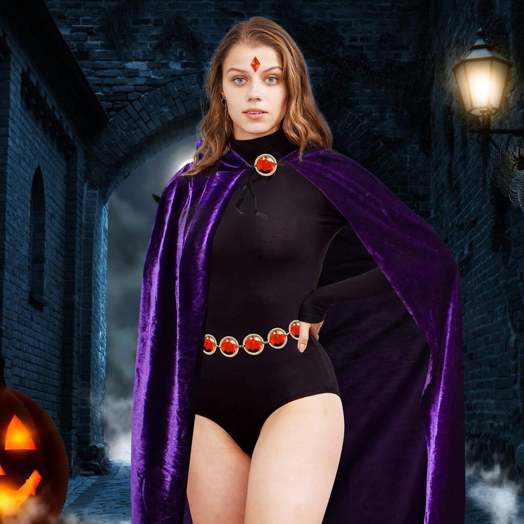 Women's Halloween Cosplay Costume Purple Hooded Cloak Cape Long Sleeve Bodysuits with Adjustable Red Gem Waist Belt
