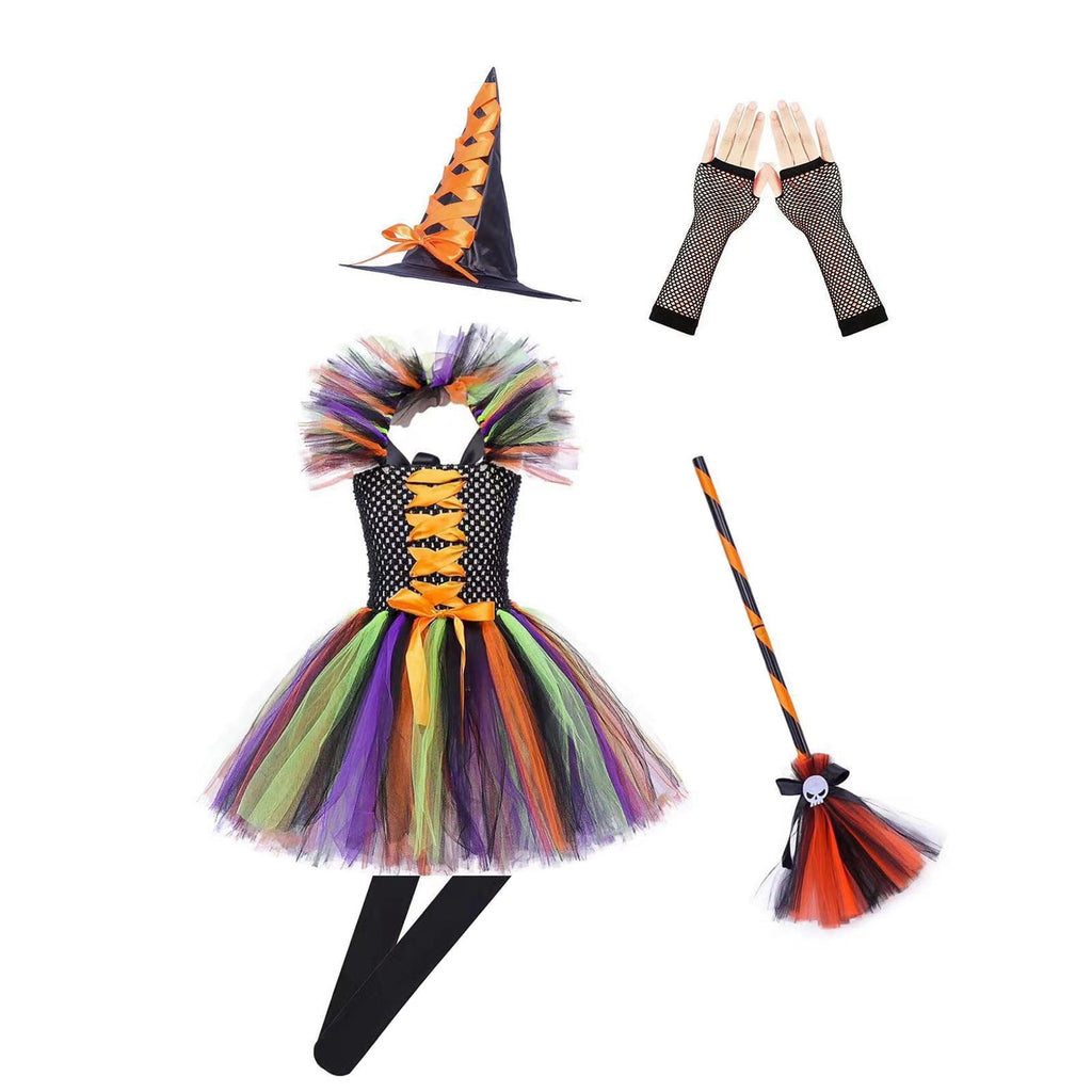Girl Witch Outfit Tutu Mesh Dress Black Lace Cloak Halloween Outfits Kids 7-8 Years Halloween Outfit Dress Up