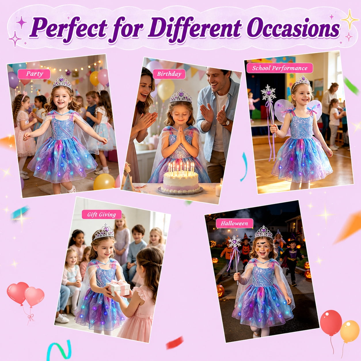 WonderStone Princess Dress for Girls, Light-Up Fairy Costume Dress-Up with Luxury Accessories, Purple Tutu Outfit for Birthday Parties, Kids & Toddlers Ages 5-6