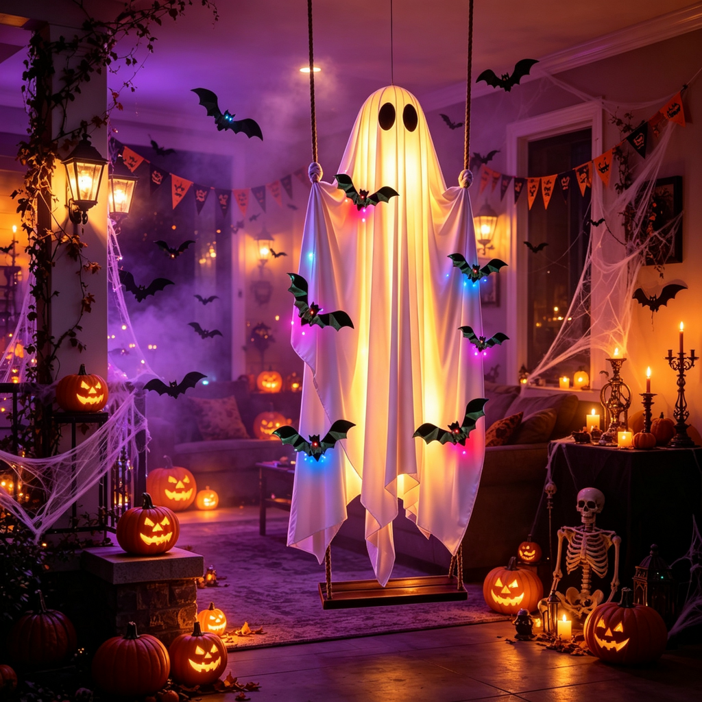 Halloween Decorations Outdoor - 5 FT Large Hanging Swing Ghost Halloween Decor with String Lights, Spooky Cute Ghosts Decorations for Front Porch Yard Tree