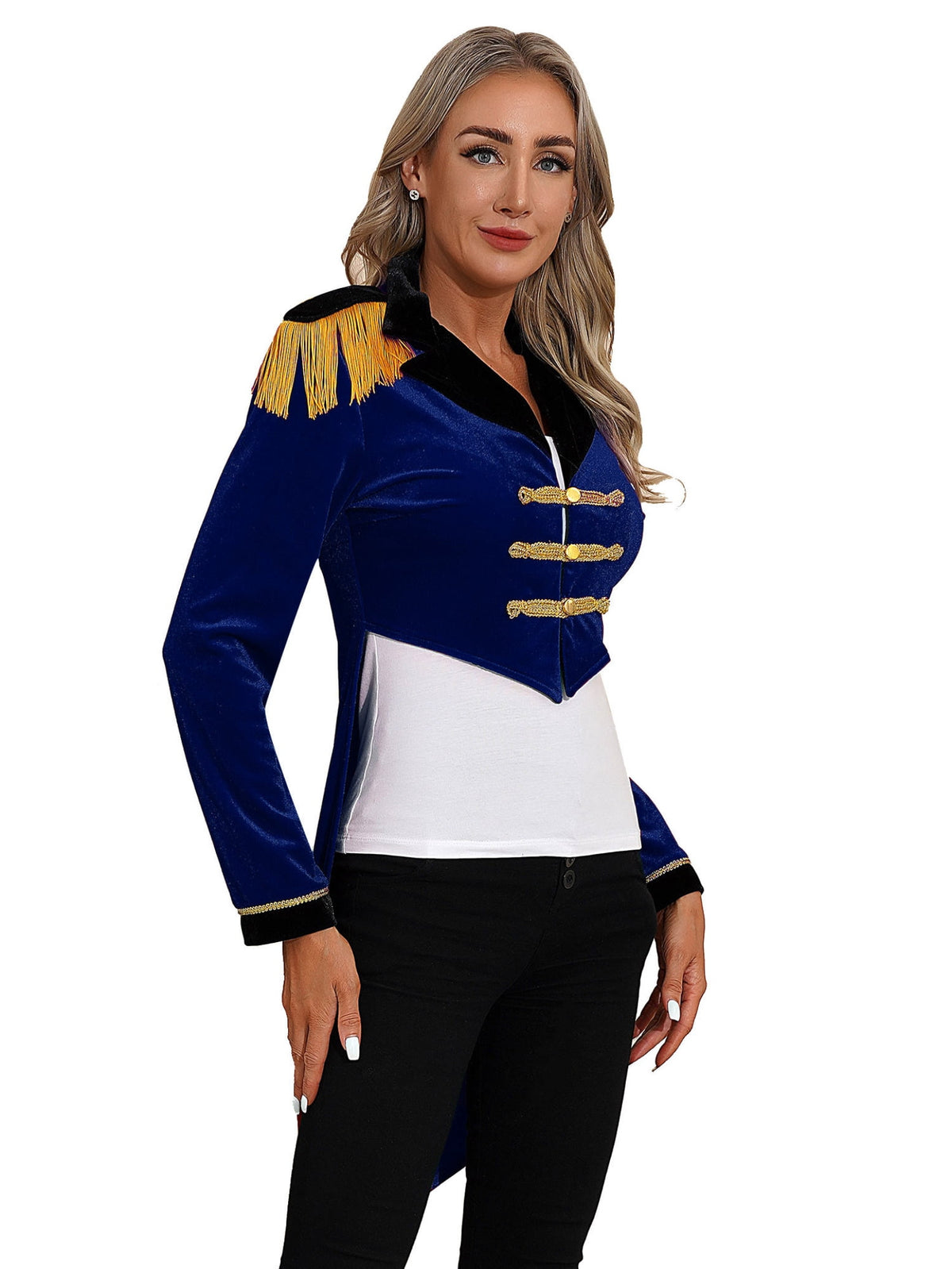 Haitryli Women's Circus Ringmaster Costume Tailcoat Jacket Lapel Velvet Collar Vintage Long Sleeve Navy Blue S