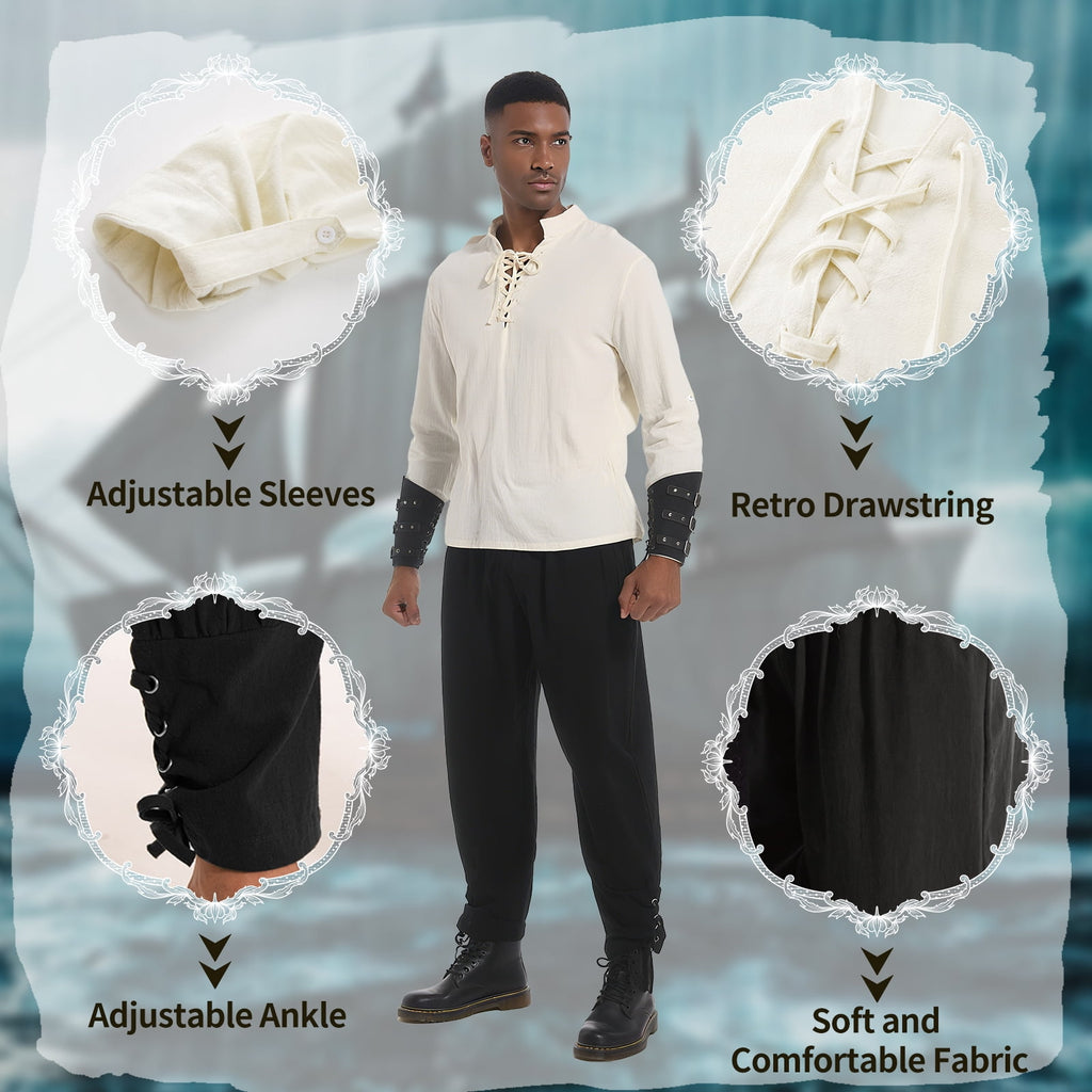 MYATED 5 Pcs Halloween Men's Renaissance Costume Set Medieval Pirate Shirt Ankle Banded Pants Viking Costume Accessories Set,Black,M