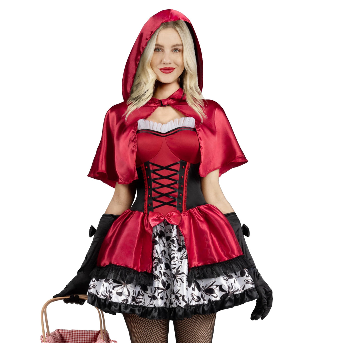 Joyfy Women Little Red Riding Hooded Costume with Dress, Cape and Gloves Outfits Set, Adult Women Halloween Costume for Halloween Themed Party Cosplay