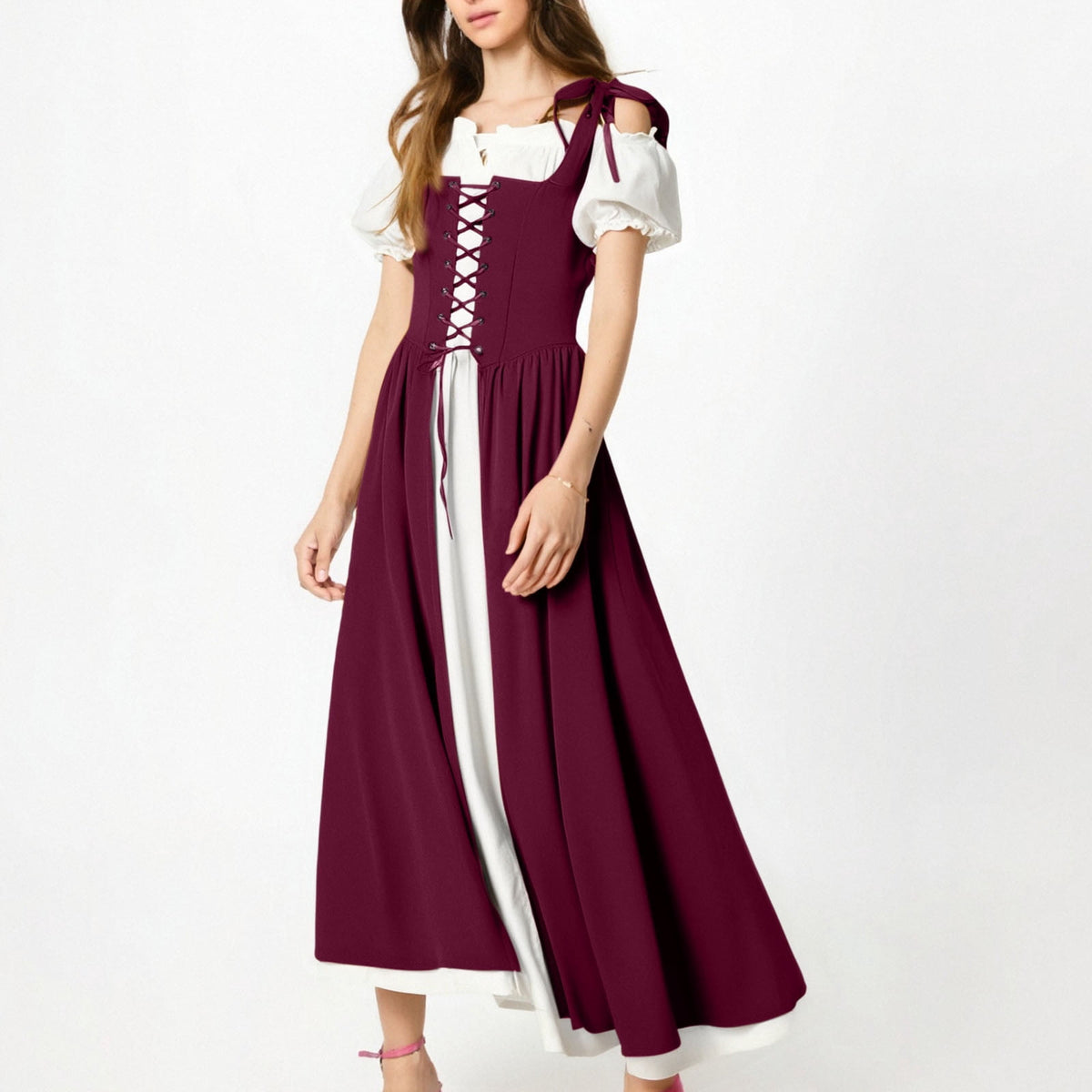 QATAINLAV Renaissance Costume Women Vintage Medieval Dress Cold Shoulder Short Sleeve Peasant Pirate Irish Maxi Dresses, Black, L