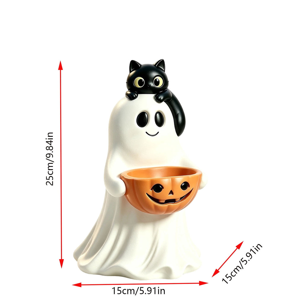 Clearance Halloween Ghost Resin Figurine with Black Cat & Pumpkin Candy Bowl 10“- Cute Spooky Tabletop Decor for Home Mantel, Shelf, and Indoor Fall Display