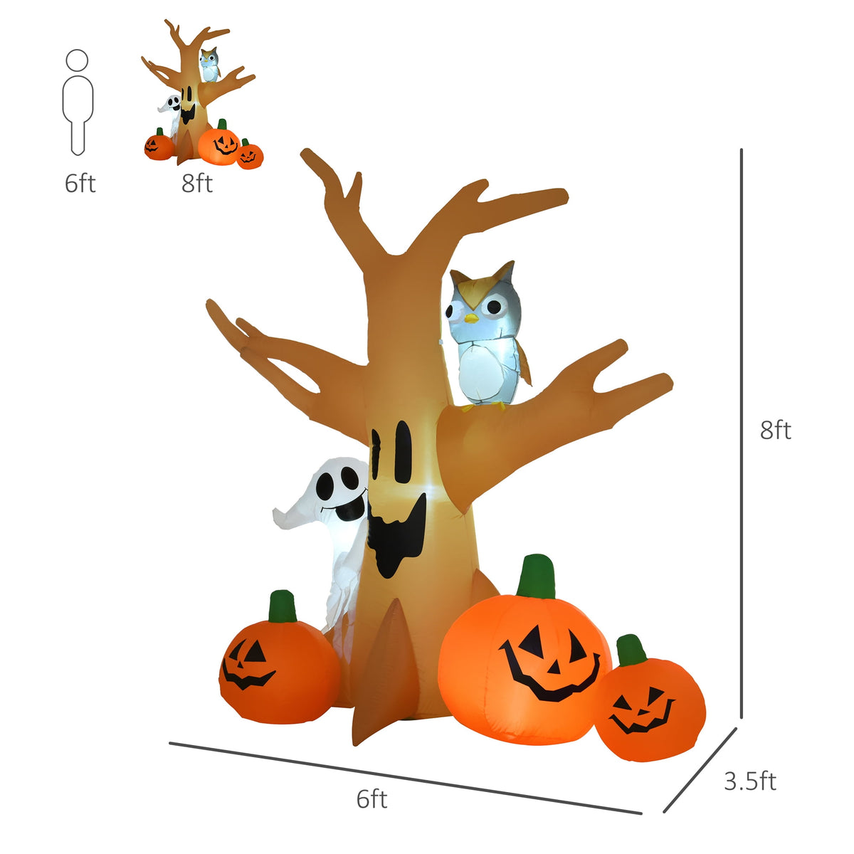 HOMCOM 7.5' Tall Lighted Halloween Inflatables Outdoor Decorations Haunted Tree With Owl, Ghost, Pumpkins, Blow Up LED Yard Decor for Garden, Lawn, Party, Holiday, Waterproof
