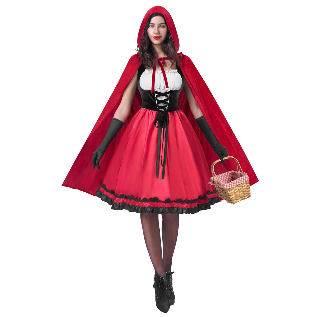 Joyfy Women Little Red Riding Hooded Costume with Dress, Cape and Gloves, Adult Women Halloween Costume for Halloween Party Cosplay