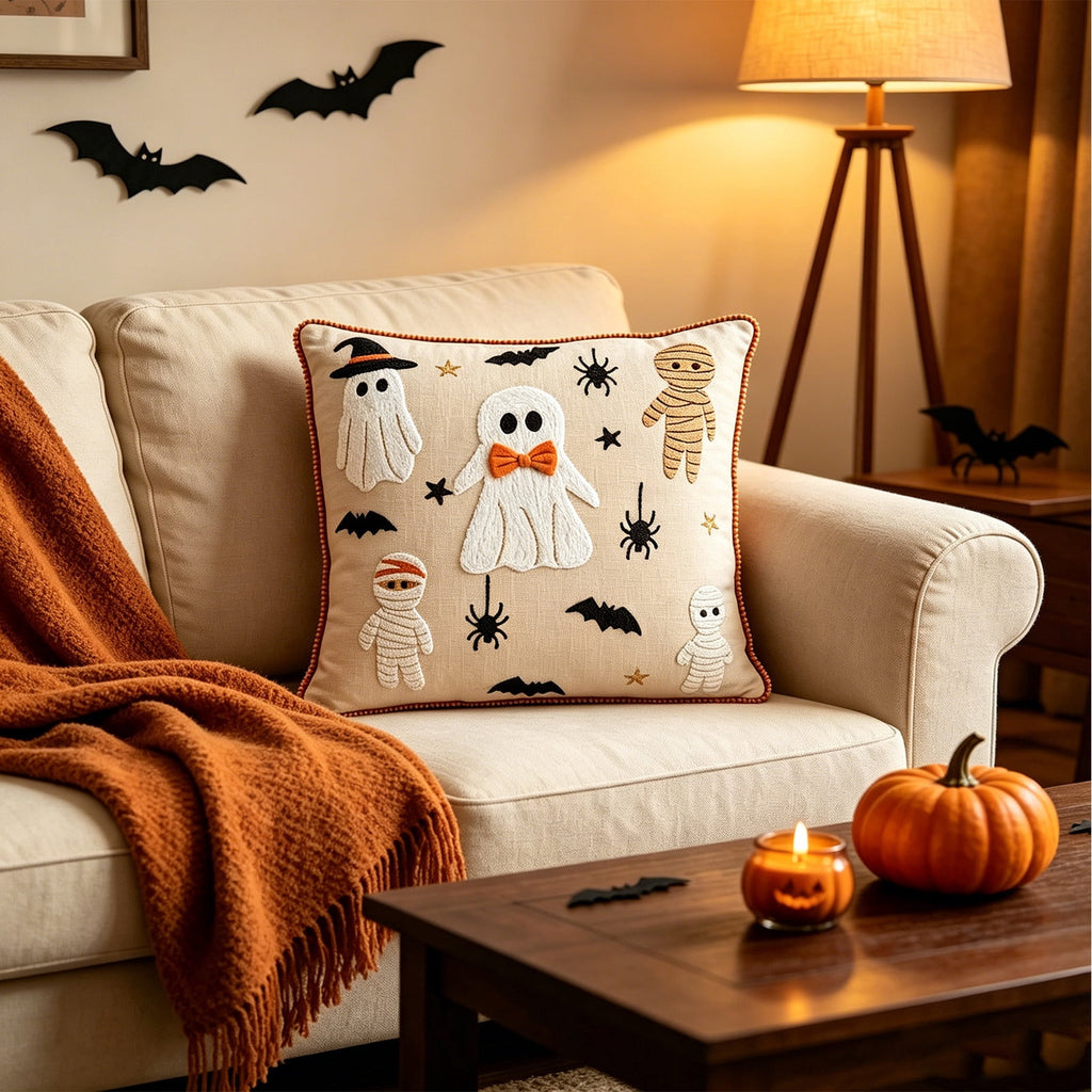 Yeciiwht Halloween Throw Pillow Cover – 18*18inch Embroidered Linen Cushion Case with Ghost, Mummy & Bat Designs, Invisible Zipper, Machine Washable