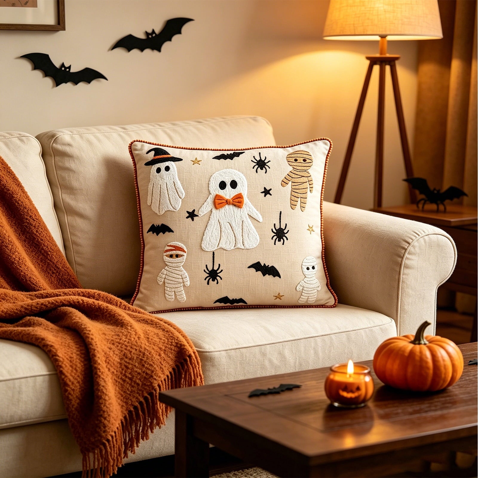 Yeciiwht Halloween Throw Pillow Cover – 18*18inch Embroidered Linen Cushion Case with Ghost, Mummy & Bat Designs, Invisible Zipper, Machine Washable