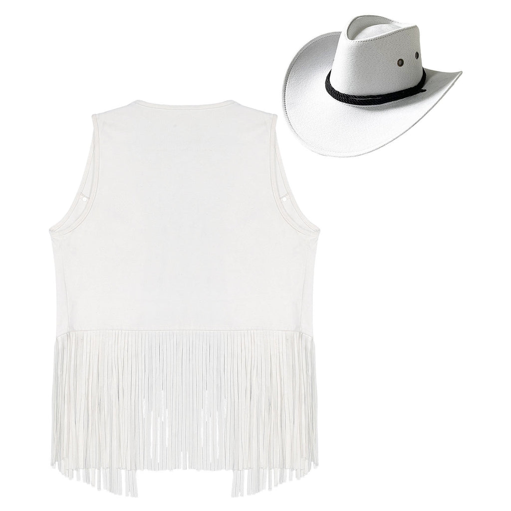TiaoBug Men's Western Cowboy Cosplay Costume Tassel Rivets Waistcoat with Wide Brim Hats Sets Black L