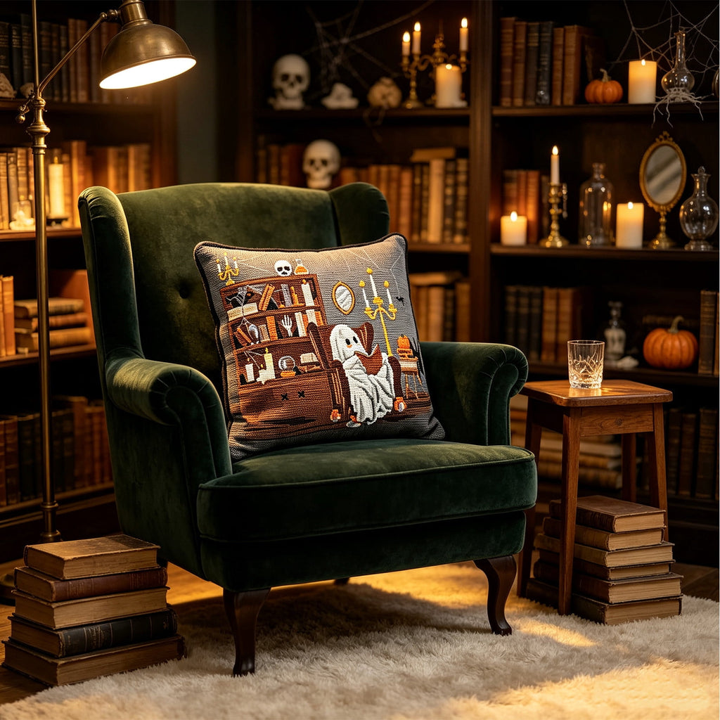 Halloween Ghost Reading Book Throw Pillow Cover, Spooky Library Bookshelf Skull Candlestick Decorative Pillowcase, Retro Halloween Cushion Cover