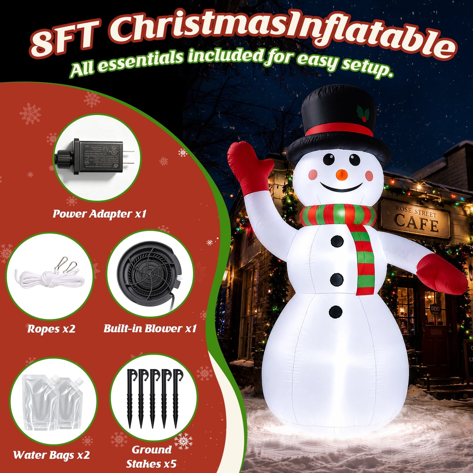 8ft Snowman Christmas Inflatables, Blow up with LED Lights Built-in for Holiday/Party/Yard/Garden Decoration