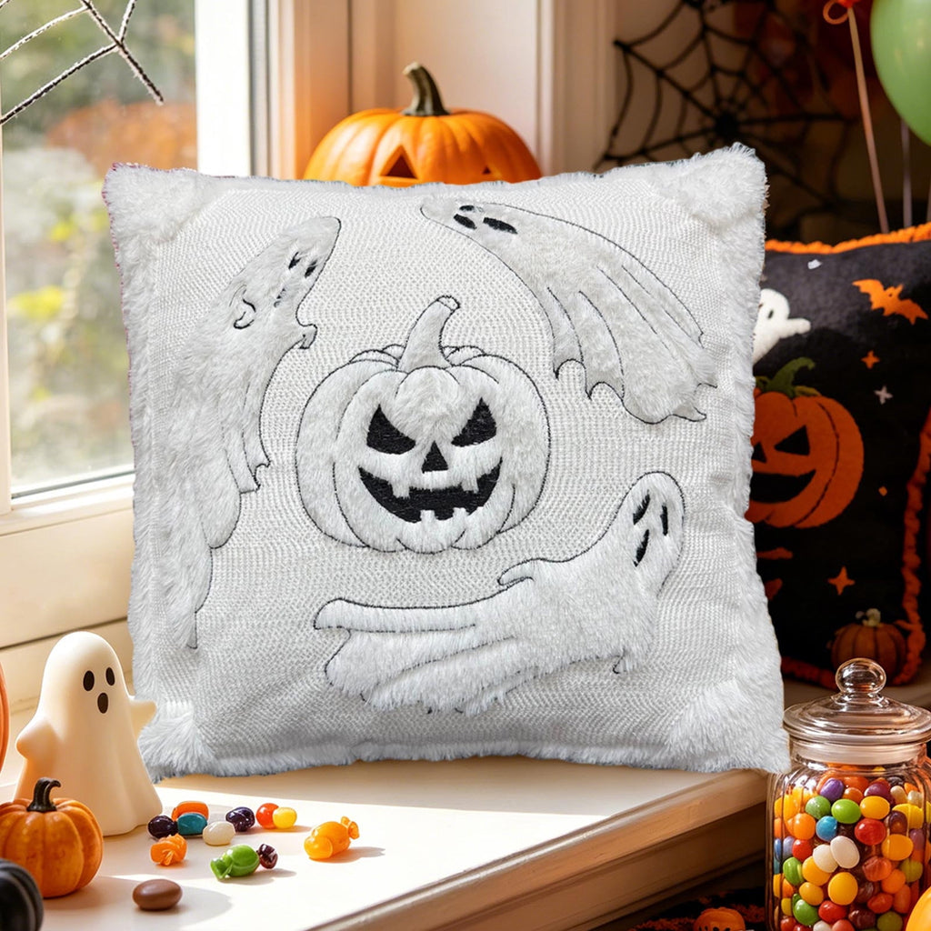 Yeciiwht Halloween Throw Pillow Cover – 18*18inch Embroidered Linen Cushion Case with Ghost, Mummy & Bat Designs, Invisible Zipper, Machine Washable
