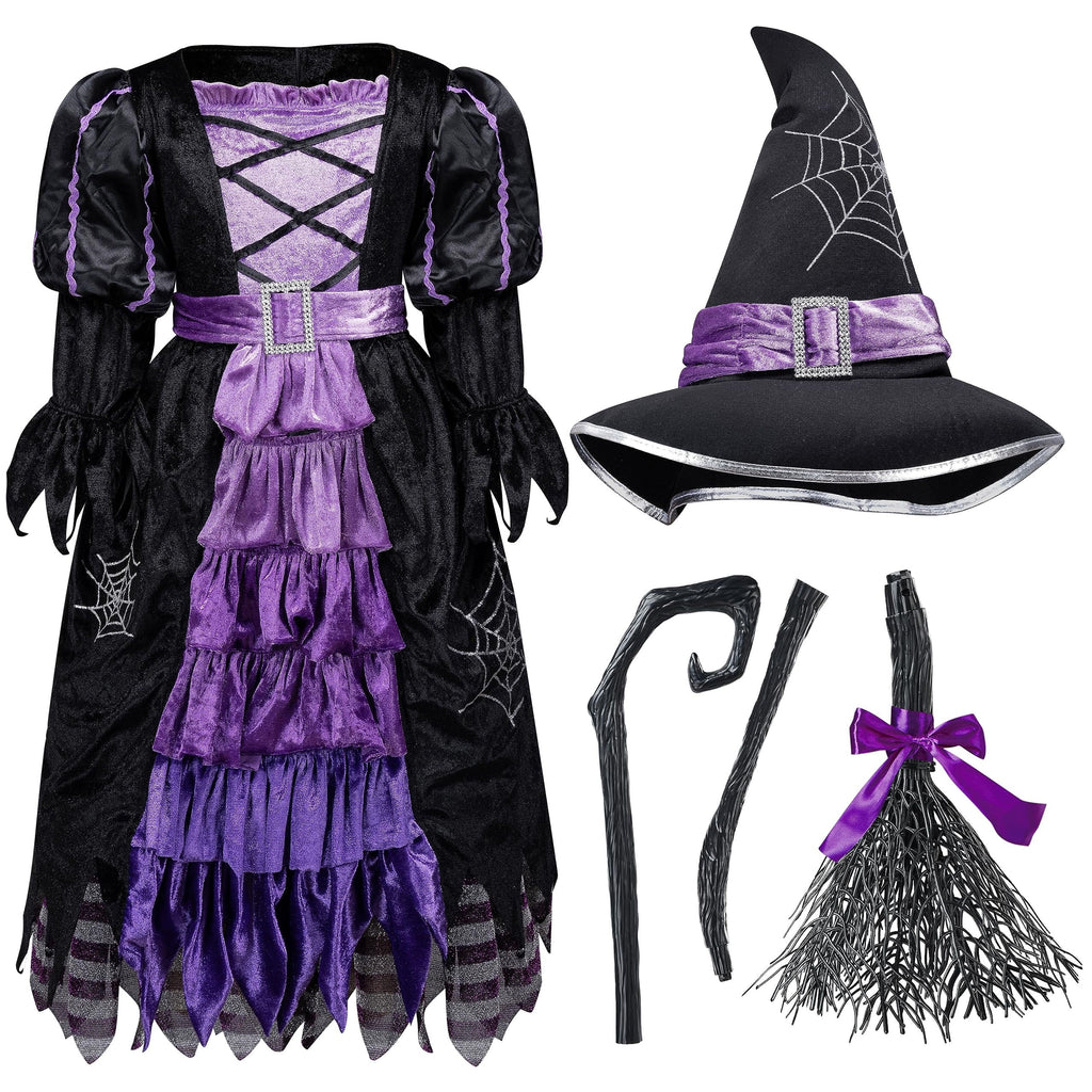 Joyfy Witch Costume Set for Girls, Halloween Fancy-Dress with Broom Hat for Toddler Kids Halloween Party Dress up 3-14 Years