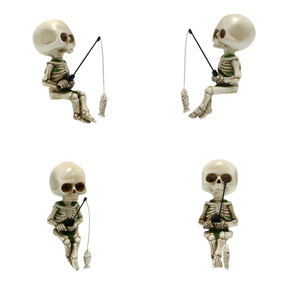 Darzheoy Halloween Fishing Skeleton Garden Accessory, Mini Skeleton Figurines Statue Decor Pond Waterfalls Gothic Home Office Desk Holiday Ornament