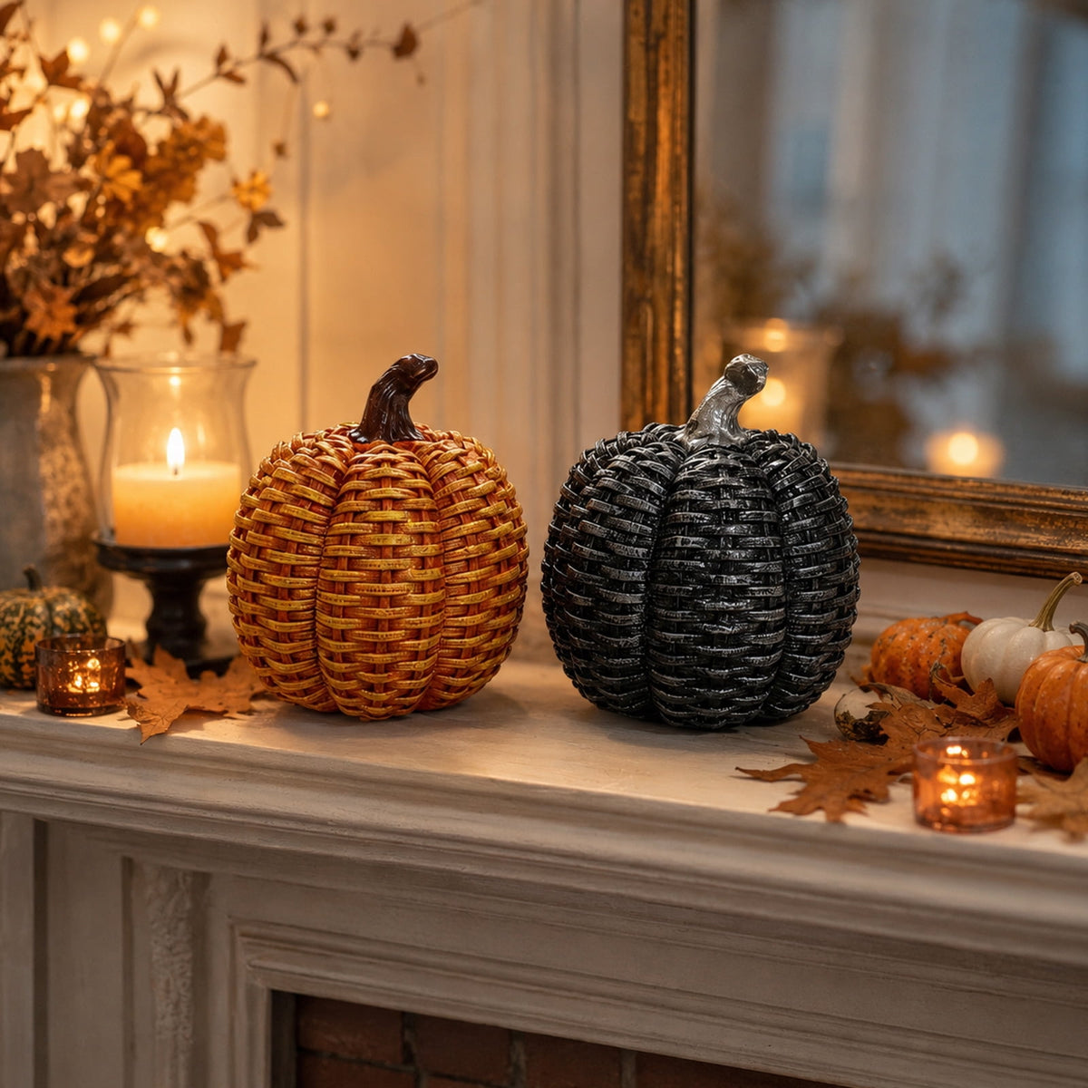 Artificial Pumpkins Halloween Decorations, 3.94 Inch Fall Pumpkin Decor Faux Resin Pumpkins Woven Pumpkin Centerpiece for Rustic Farmhouse Fall Thanksgiving Autumn Harvest Table Decor