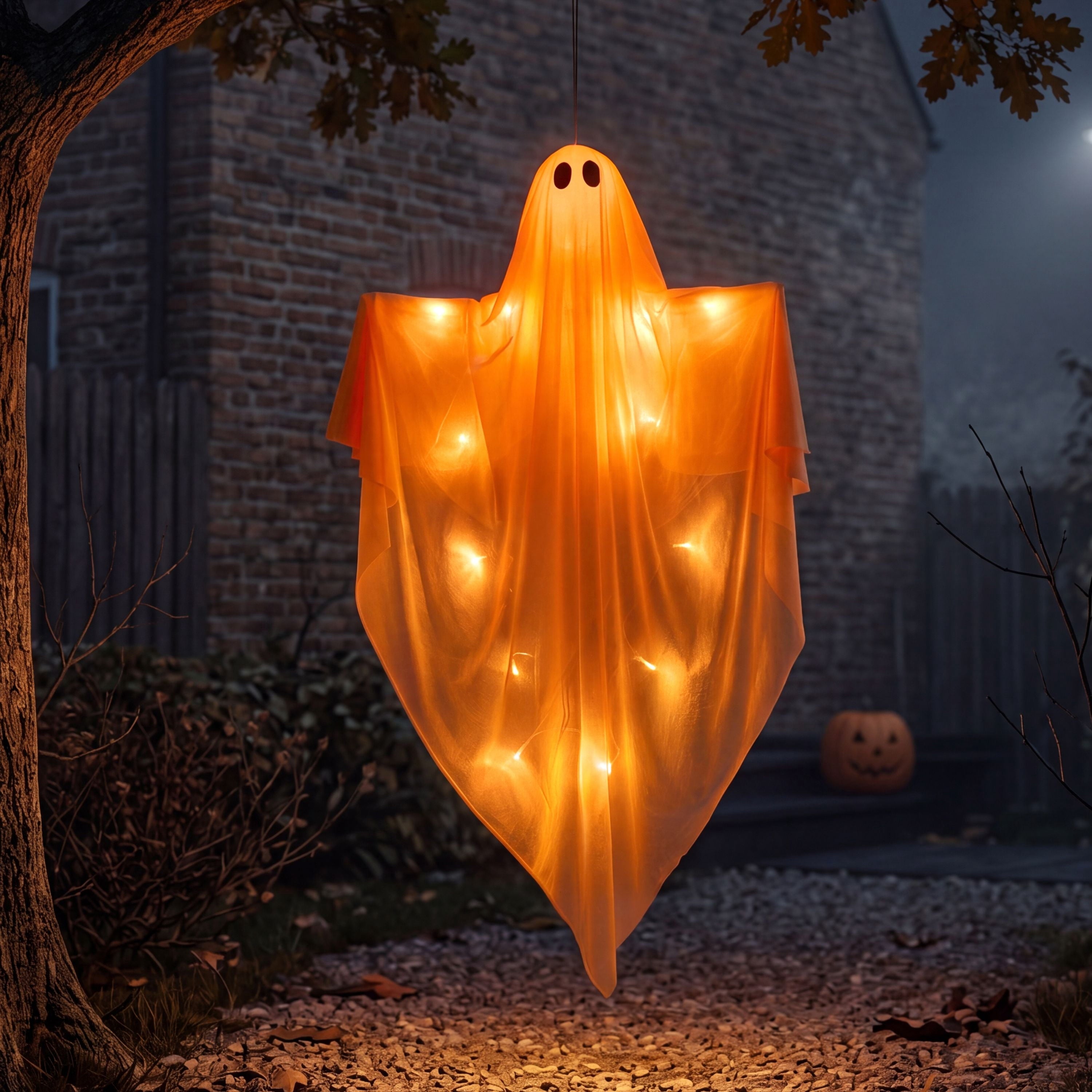 Joyfy 47" Halloween Hanging Light up Ghost Decorations Outdoor,White Ghosts with Blue LED Light and Timer Halloween Hanging Decoration Waterproof for Front Yard Patio Lawn
