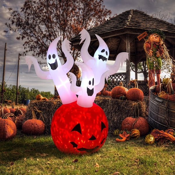 5.9FT Halloween Inflatable Pumpkin Ghost, Built-in LED Lights, Waterproof Polyester for Yard/Garden
