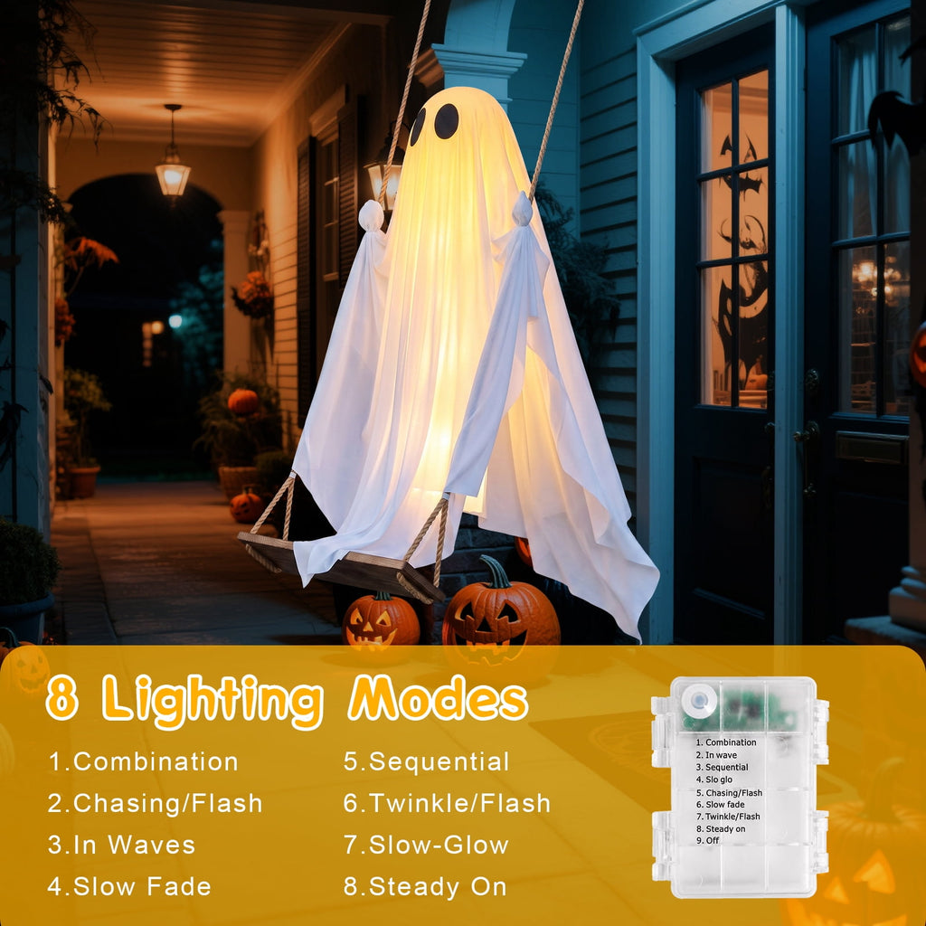 Ninonly Halloween Decorations Outdoor,5 Ft Large Hanging Swing Ghost Halloween Decor with String Lights, Spooky Cute Ghosts Decorations for Front Yard Tree