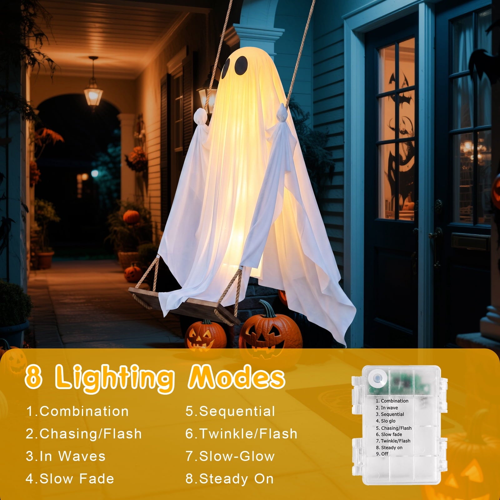 Ninonly Halloween Decorations Outdoor,5 Ft Large Hanging Swing Ghost Halloween Decor with String Lights, Spooky Cute Ghosts Decorations for Front Yard Tree