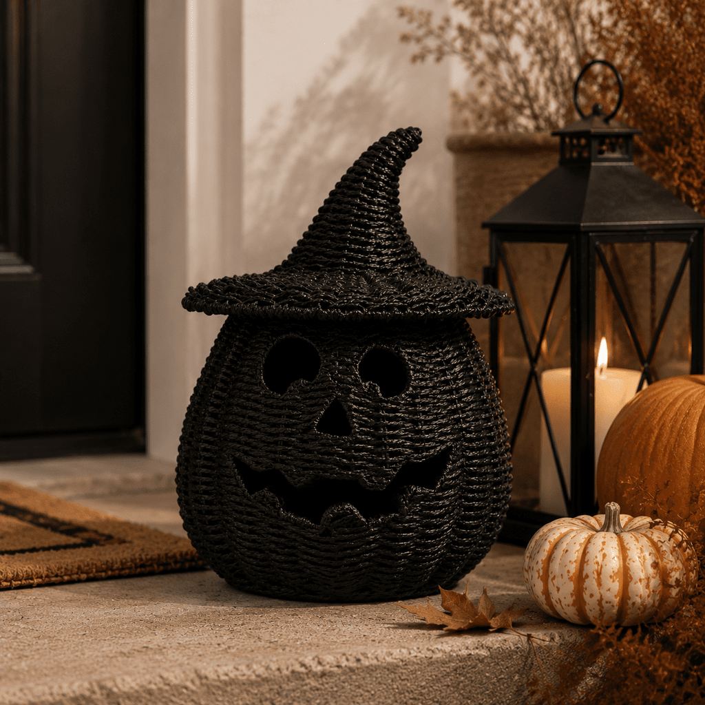 Aximioll Black Wicker Jack-O-Lantern Pumpkin 11.8In, Woven Rattan Halloween Pumpkin with Witch Hat, Cutout Face Tabletop Decor for Porch Entryway Mantel, Black