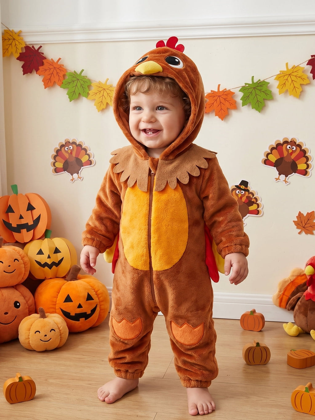 RUINIXCW Toddler Baby Girl Boy Thanksgiving Turkey Costume Kids Halloween Costume Infant Baby Boy Girl Fall Winter Clothes Warm Flannel Romper Long Sleeve Hooded Zip Up Jumpsuit