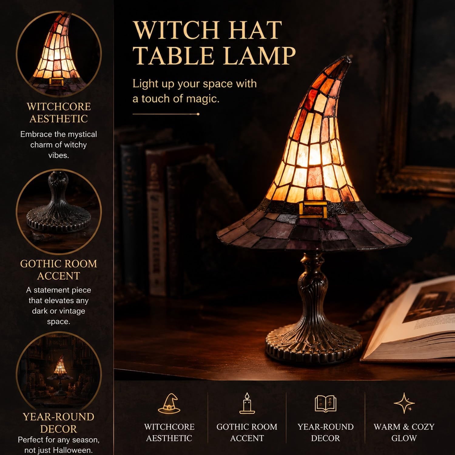 Clearance Halloween Table Lamp Decorations, Witch Hat Lamp Gifts - Handcrafted Retro Resin Witch Lamp, USB Powered Gothic Wizard Hats Night Light, Home Decor Accent Lamps for Bedroom