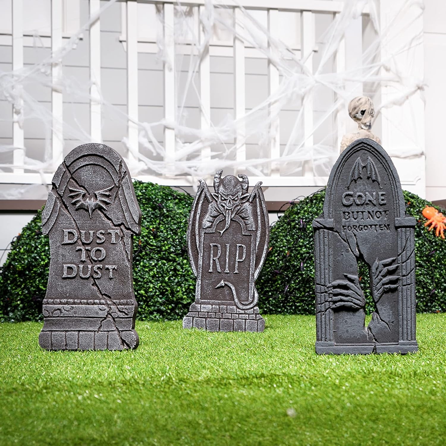 Joyfy 17" Halloween 5 Pack Tombstone Decorations, Foam RIP Graveyard Signs Cemetery Headstones Scary Outdoor Indoor Halloween Decor with 12 Metal Stakes for Easy Set Up, Waterproof for Garden Lawn