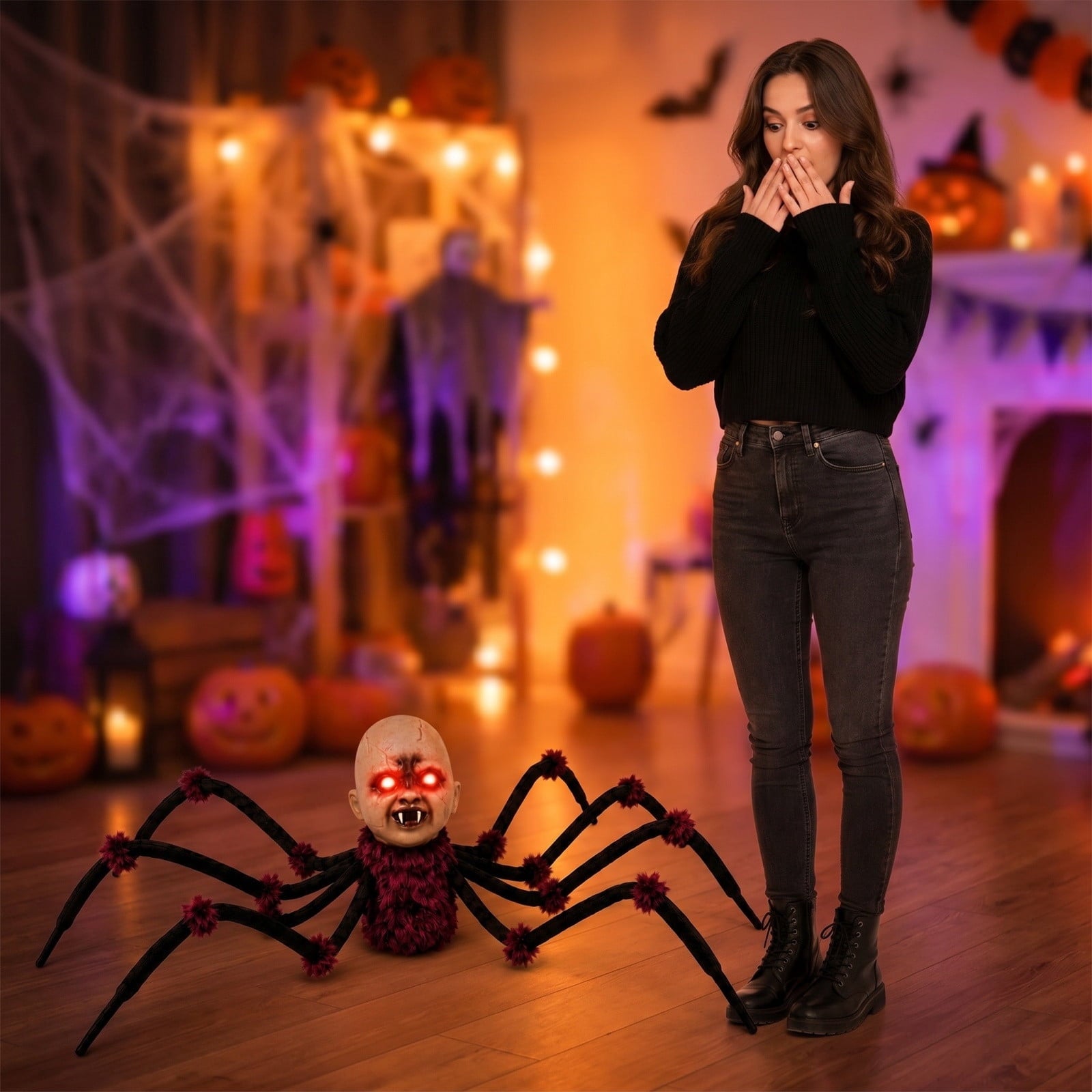 Halloween Animated Walking Spider Prop, Touch Activated Scary Baby Head Decoration with Flashing Red Eyes, Eerie Sounds and Poseable Legs for , Yard, and Party Display