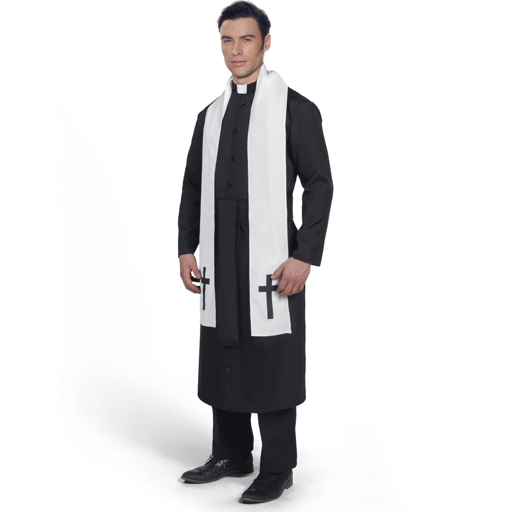 Joyfy Men's Priest Costume Black Priest Father Robe Stole for Halloween Party Dress up Cosplay