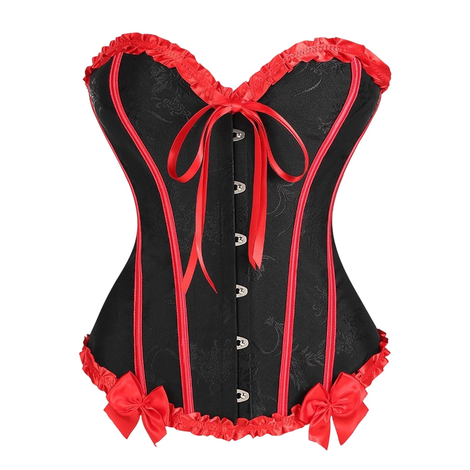 JOANKDMI Women's Chic Gothic Steampunk Corset Top with Ribbon Tie and Ruffle Trim Elegant Bustier for Pirate Roleplay and Vampire Halloween Dress Up Outfit
