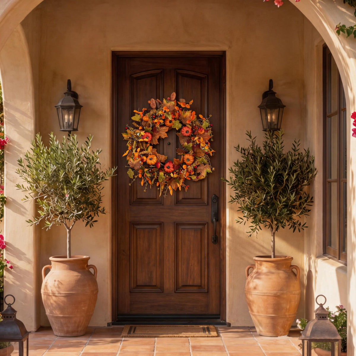 Fall Wreath Pumpkin Wreath Halloween Wreath for Front Door with Maple Leaves Harvest Wreath for Door Window Porch Thanksgiving Halloween Decor