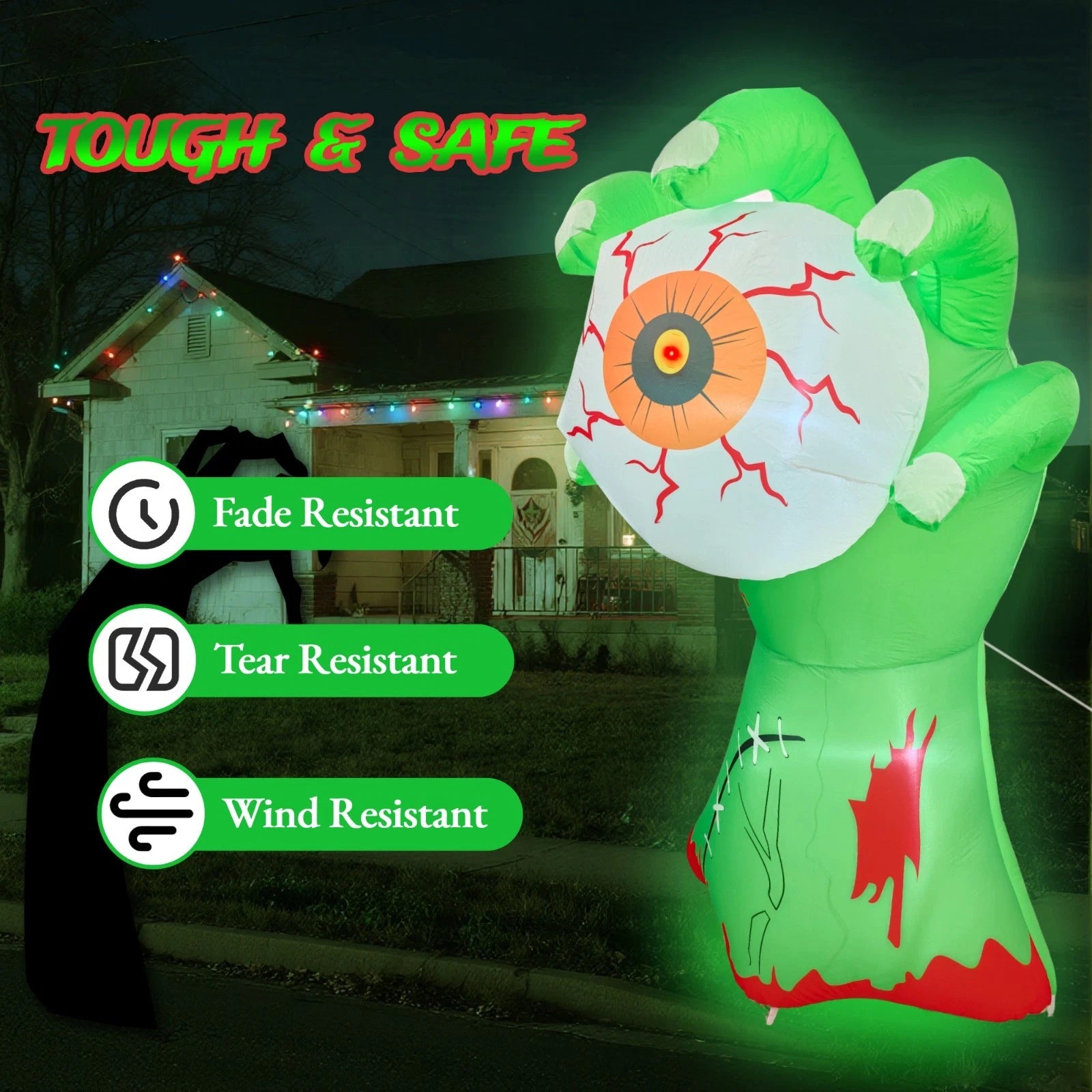 7 FT Halloween Inflatables Green Hand Holding an Eyeball Outdoor Decorations Blow Up Yard Built-in LEDs for Indoor Party Garden Lawn Decor