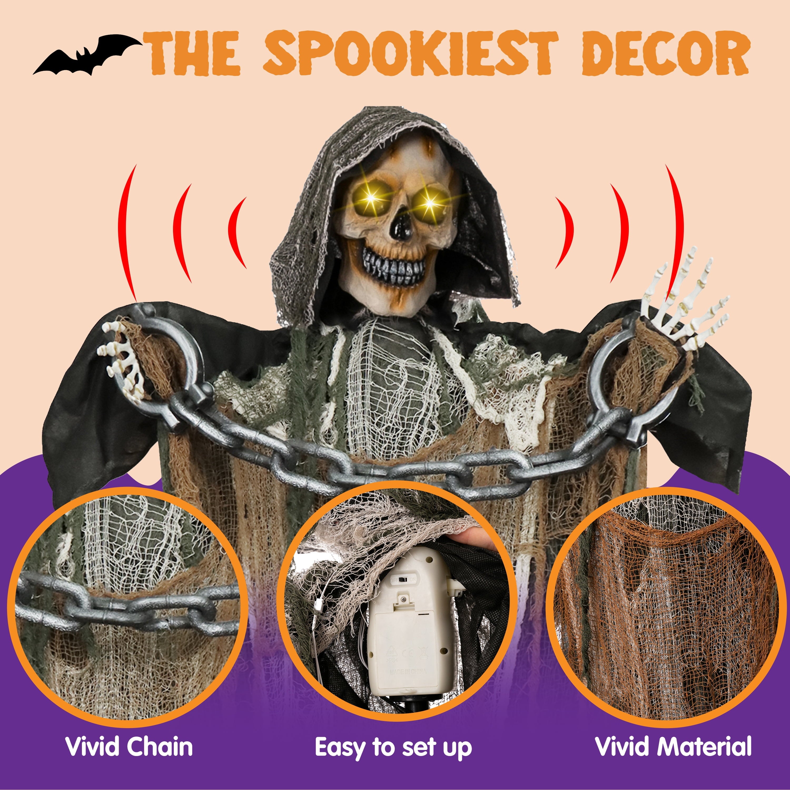 Joyfy 67" Standing Grim Reaper with Chain, Large Halloween Decorations Outdoor, Life Size Animatronics Skelton, Sound-Actived Party Decor with Creepy Sound & LED Eyes, Scary Haunted House Props