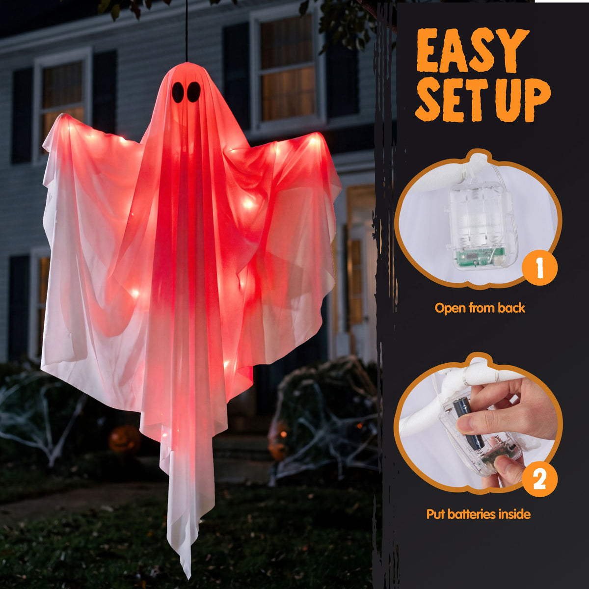 Joyfy 47" Halloween Hanging Light up Ghost Decorations Outdoor,White Ghosts with Blue LED Light and Timer Halloween Hanging Decoration Waterproof for Front Yard Patio Lawn