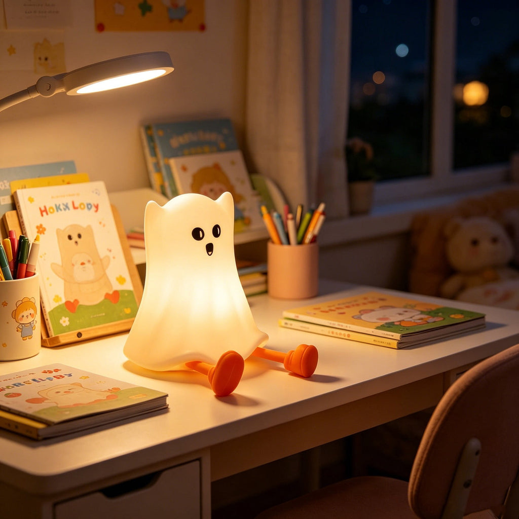 Fwttom Ghost Night Light, Halloween Lights Cute Ghost Reading Book Lamp, Halloween Decorations Indoor Light Up Ghost Statue Ghost Light for House Mantel Bedside