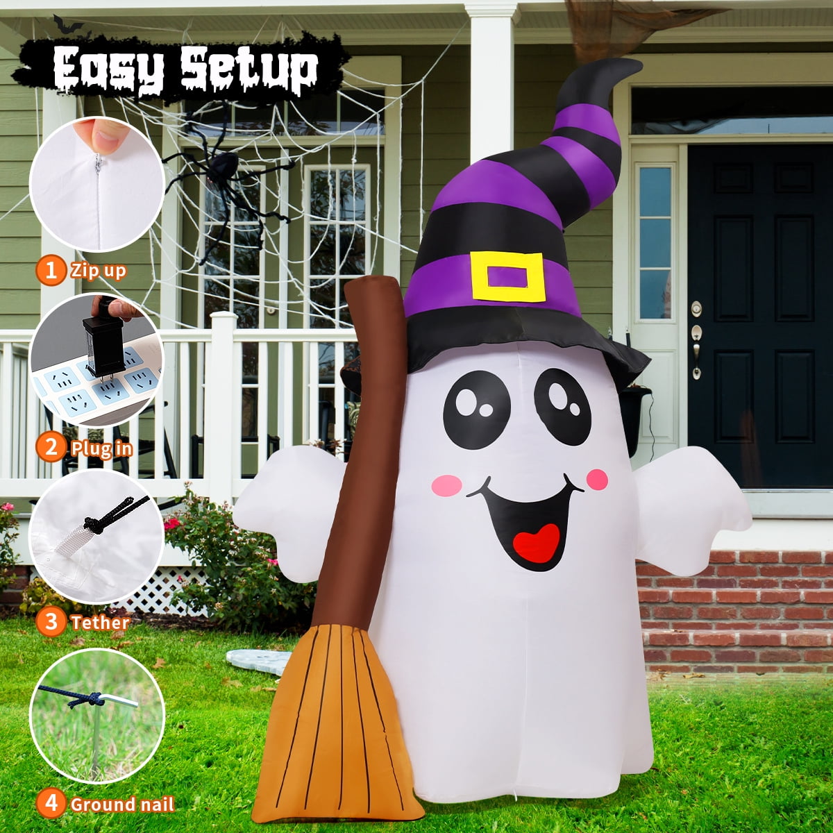 GOOSH Halloween Inflatables 6 FT Halloween Ghost Inflatable Grasping Broom with LED Lights, Blow up Ghost Cute Inflatable Ghost, Outdoor Halloween Decorations for Holiday Party Indoor Outdoor