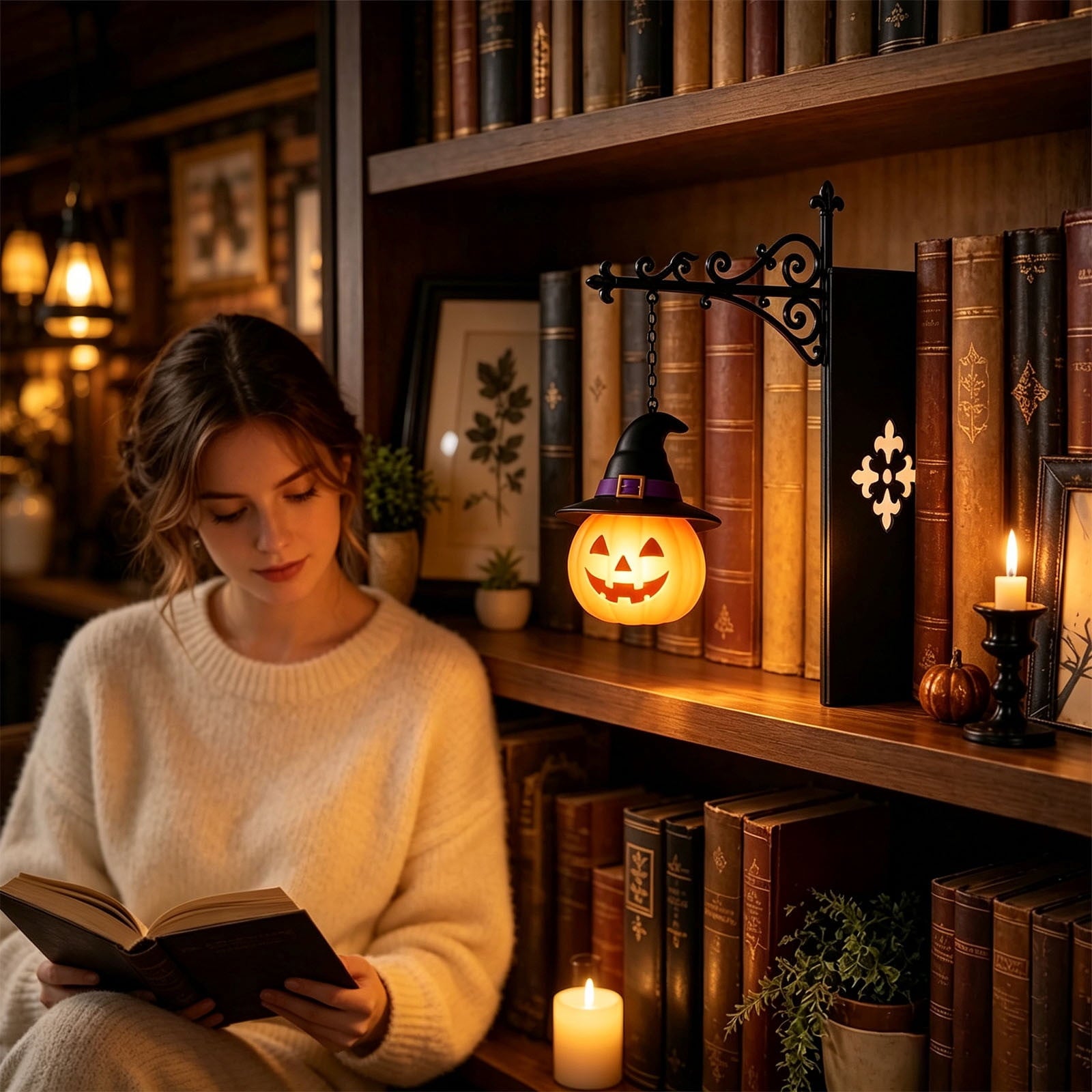 Halloween Ghost Library Lantern Decorative Bookshelf Lighting, Reading Book Shelf Lights for Study Reading Corner Home Library Gift for Book Lovers Bookworms