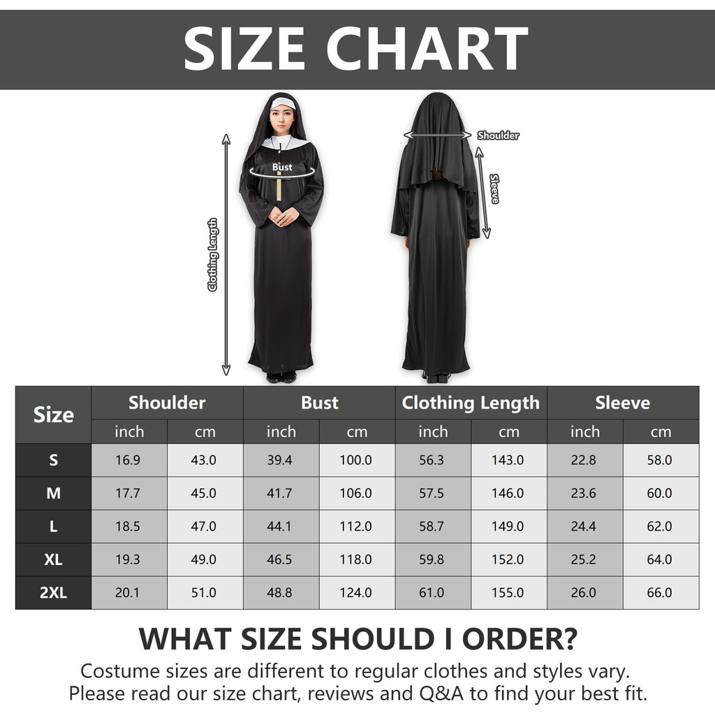 Alaiyaky Nun Costume for Women, Nun Outfit Women, Halloween Costume with Hood and Necklace for Halloween, Carnival, Cosplay