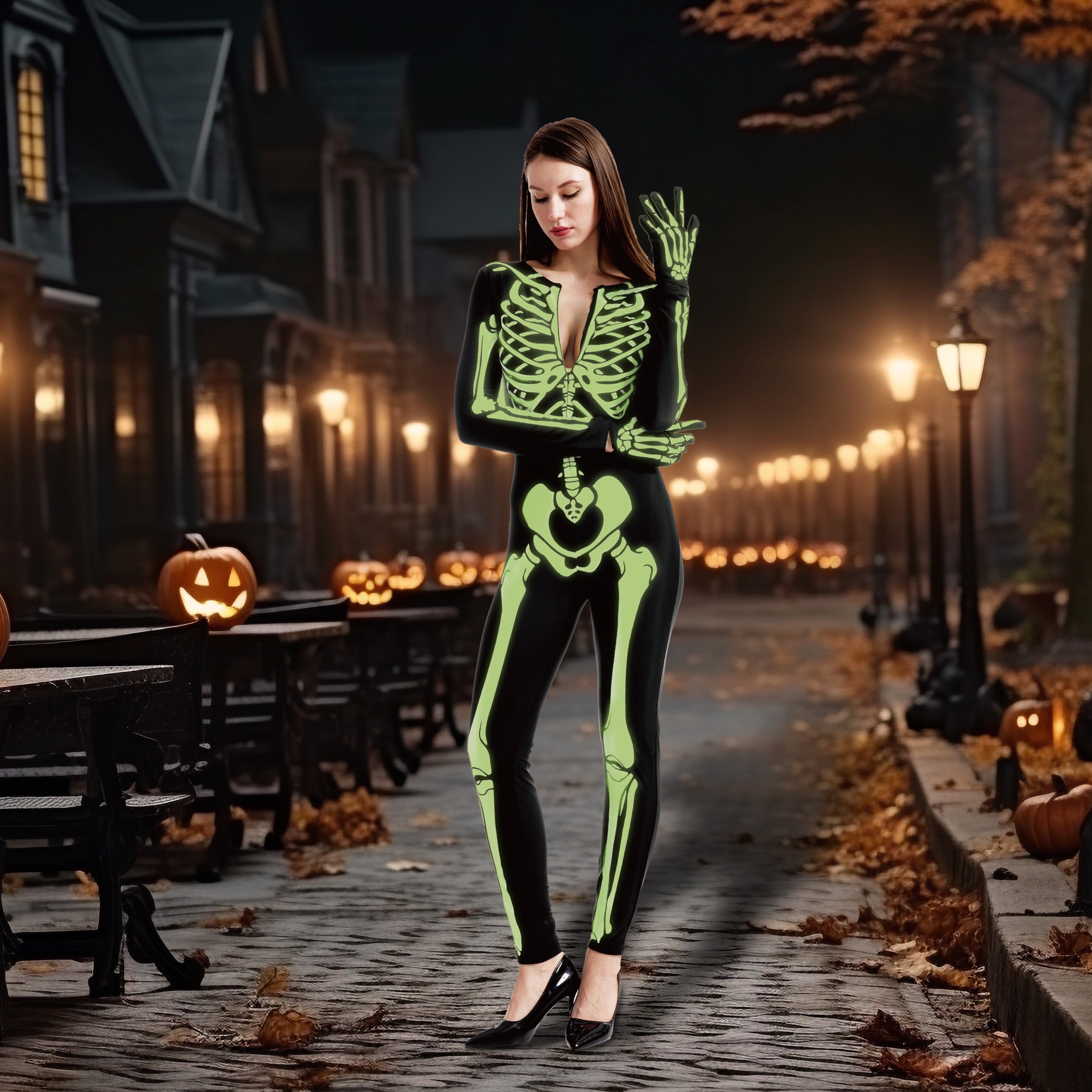 Joyfy Glow in the Dark Skeleton Costume for Adults Women Halloween Dress Up Party Role Playing Cosplay