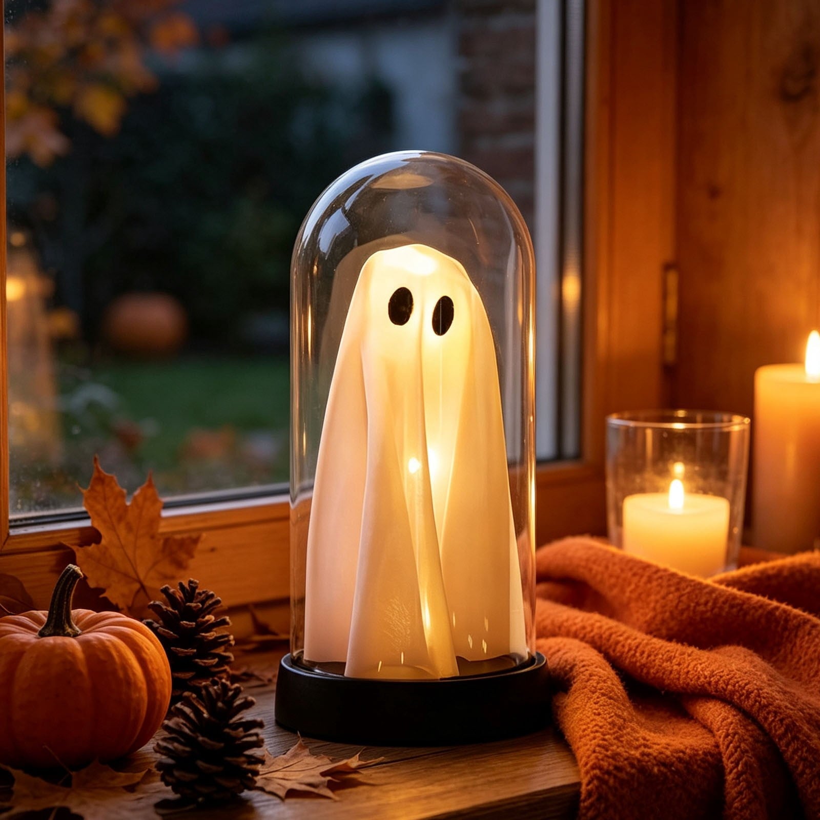 Darzheoy Halloween Decoration Ghost Cloche Lamp, with 3 Mini Figurines, Halloween Ghost Spooky, White Warm Glow, 1 Count