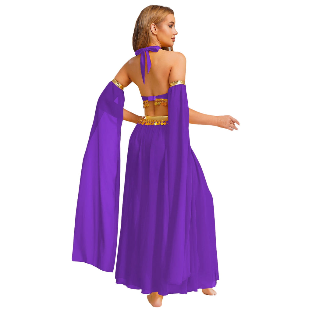 iiniim Women Belly Dance Dress Arabian Greek Princess Halloween Costume Chiffon Skirts 4piece Outfit Green L