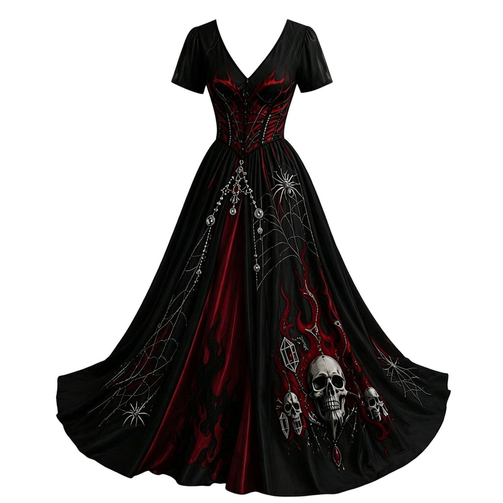 KICILVS Gothic Clothes For Women Black Spiderweb And Spider Print Flowing V Neck Long Maxi Dress Halloween Cosplay Gothic Party Dress