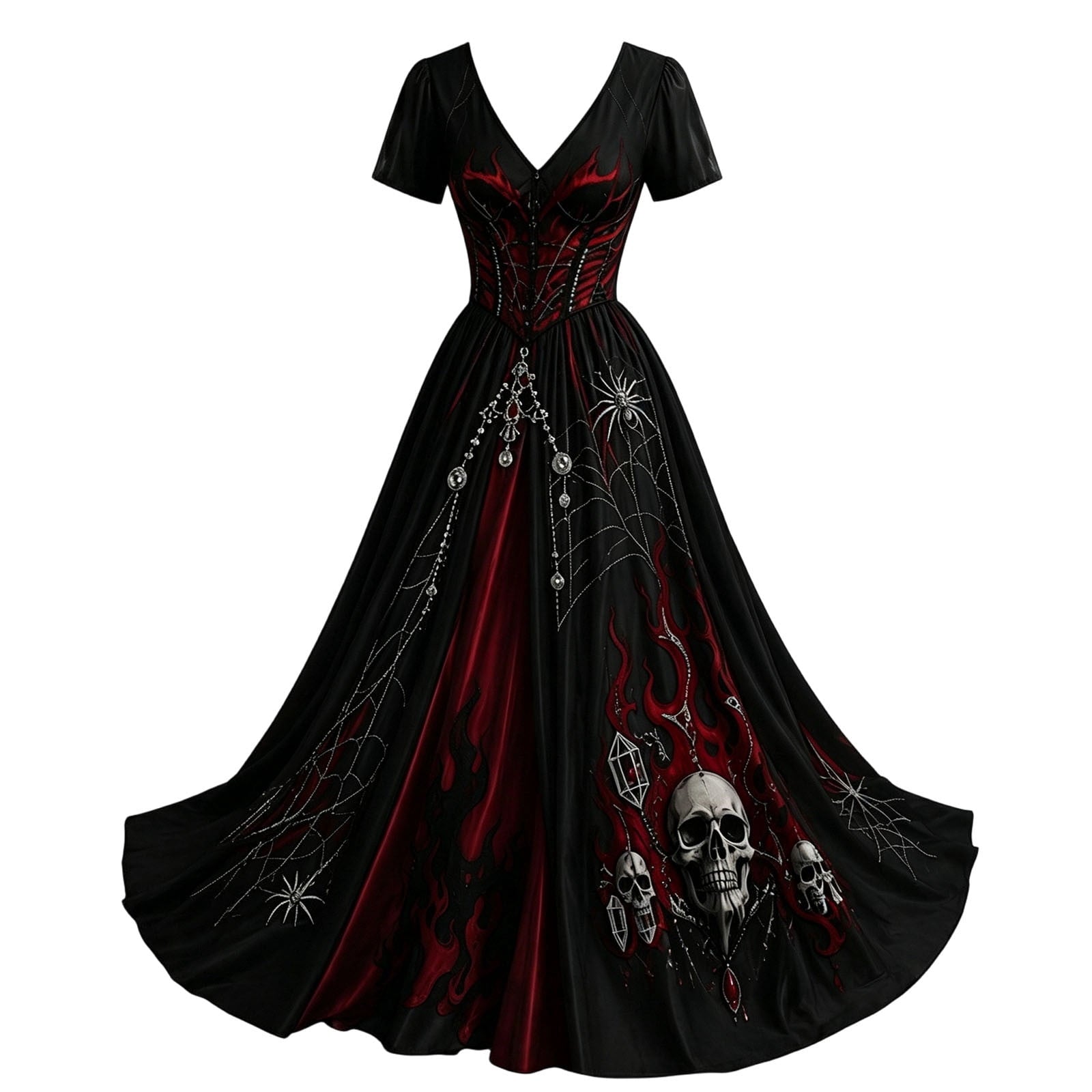 KICILVS Gothic Clothes For Women Black Spiderweb And Spider Print Flowing V Neck Long Maxi Dress Halloween Cosplay Gothic Party Dress