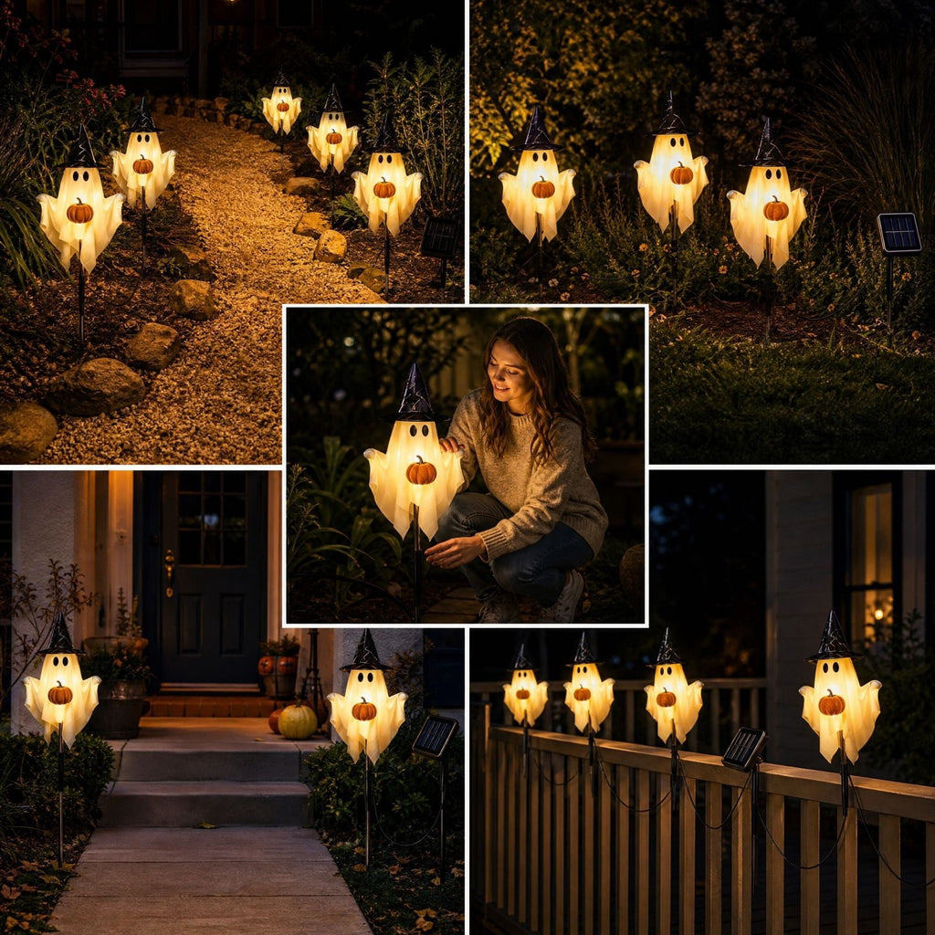 1-Pack Halloween Solar Lights with 8 Lighting Modes - Light Up Ghost Decorations for Outdoor, Witch Hat With Dimensional Pumpkin Halloween Ghost Path Lights