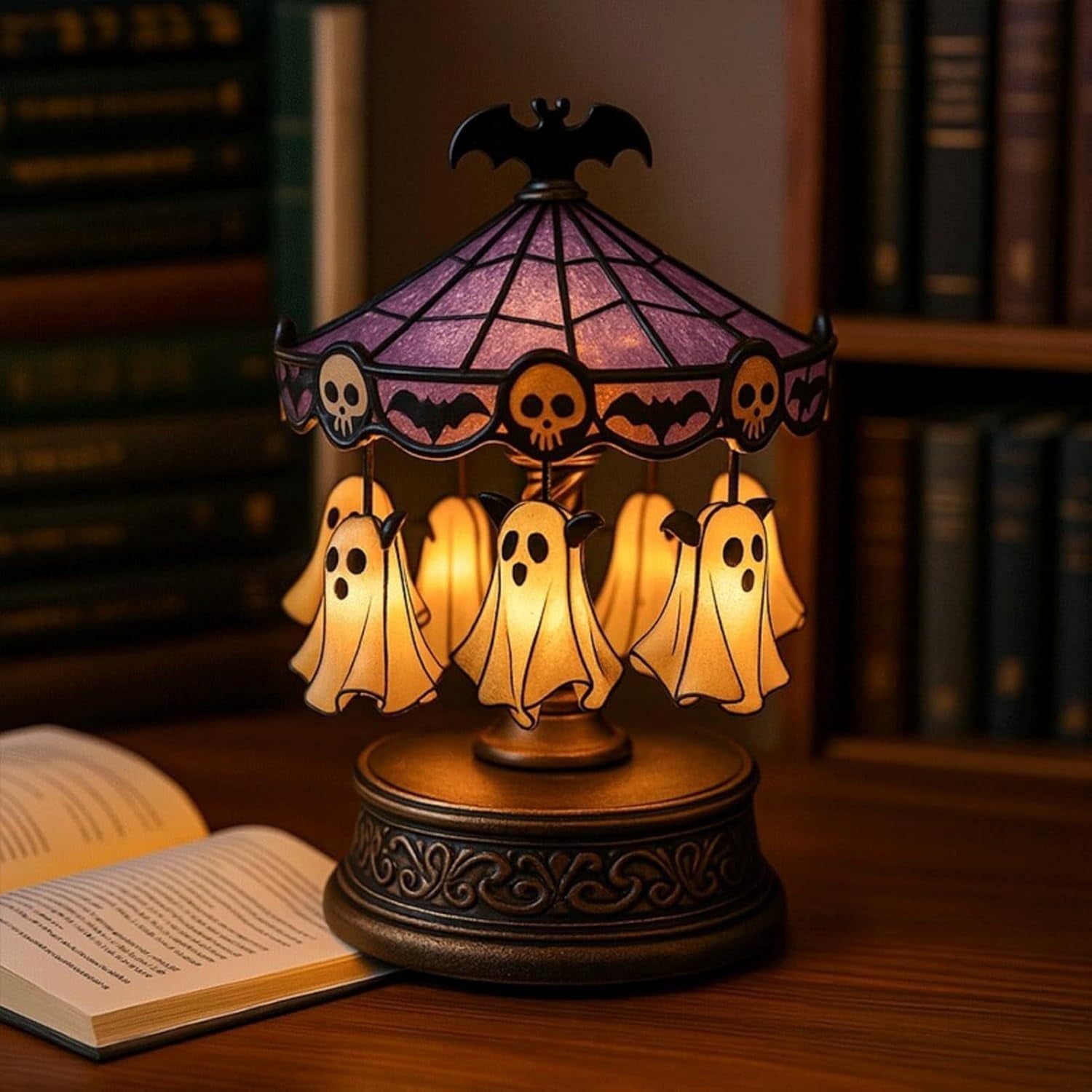 HaCpiu Halloween Ghost Carousel Night Light, Halloween Rotating Desktop Sculpture with LED Glow, Spooky Animated Tabletop Decoration for Indoor Holiday Accent