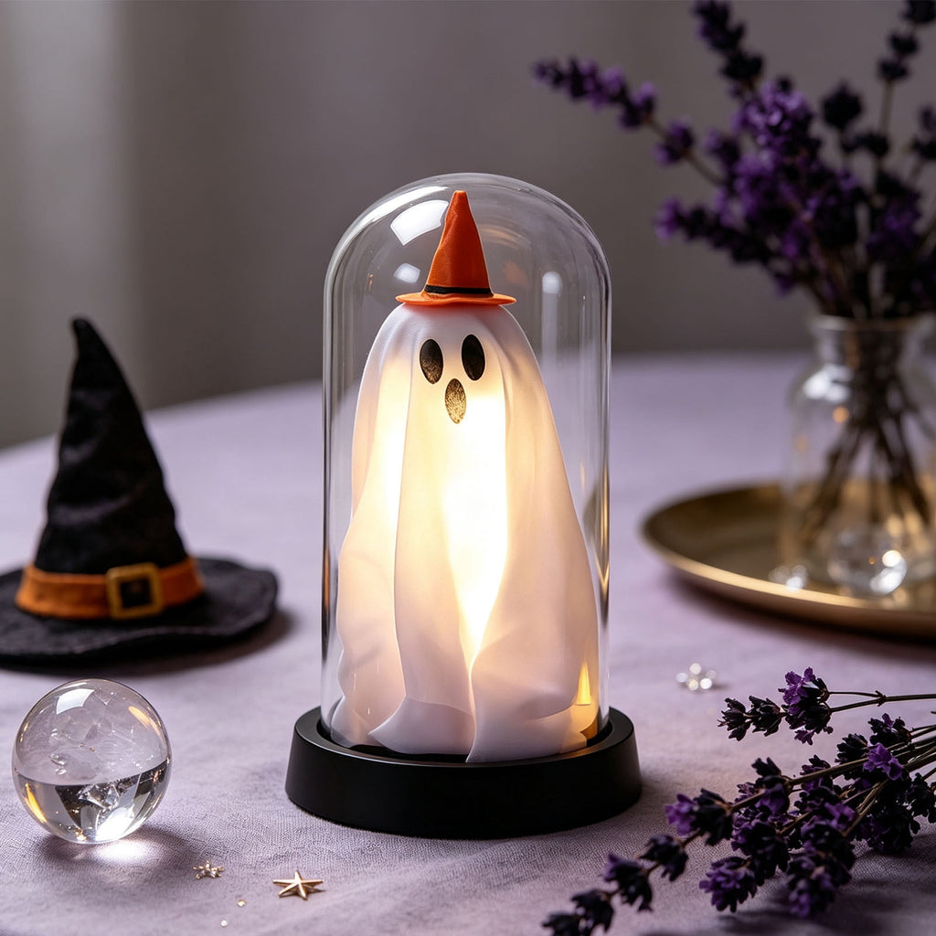 Darzheoy Halloween Decoration Ghost Cloche Lamp, with 3 Mini Figurines, Halloween Ghost Spooky, White Warm Glow, 1 Count