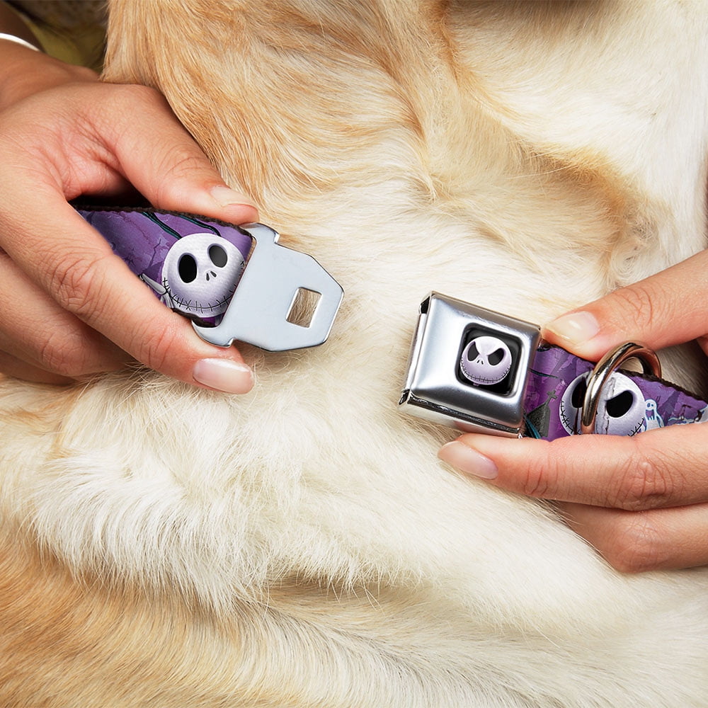 Disney Pet Collar, Dog Collar Metal Seatbelt Buckle, Jack Expressions Ghosts In Cemetery Purples Grays White, 11 to 16.5 Inches 1.0 Inch Wide