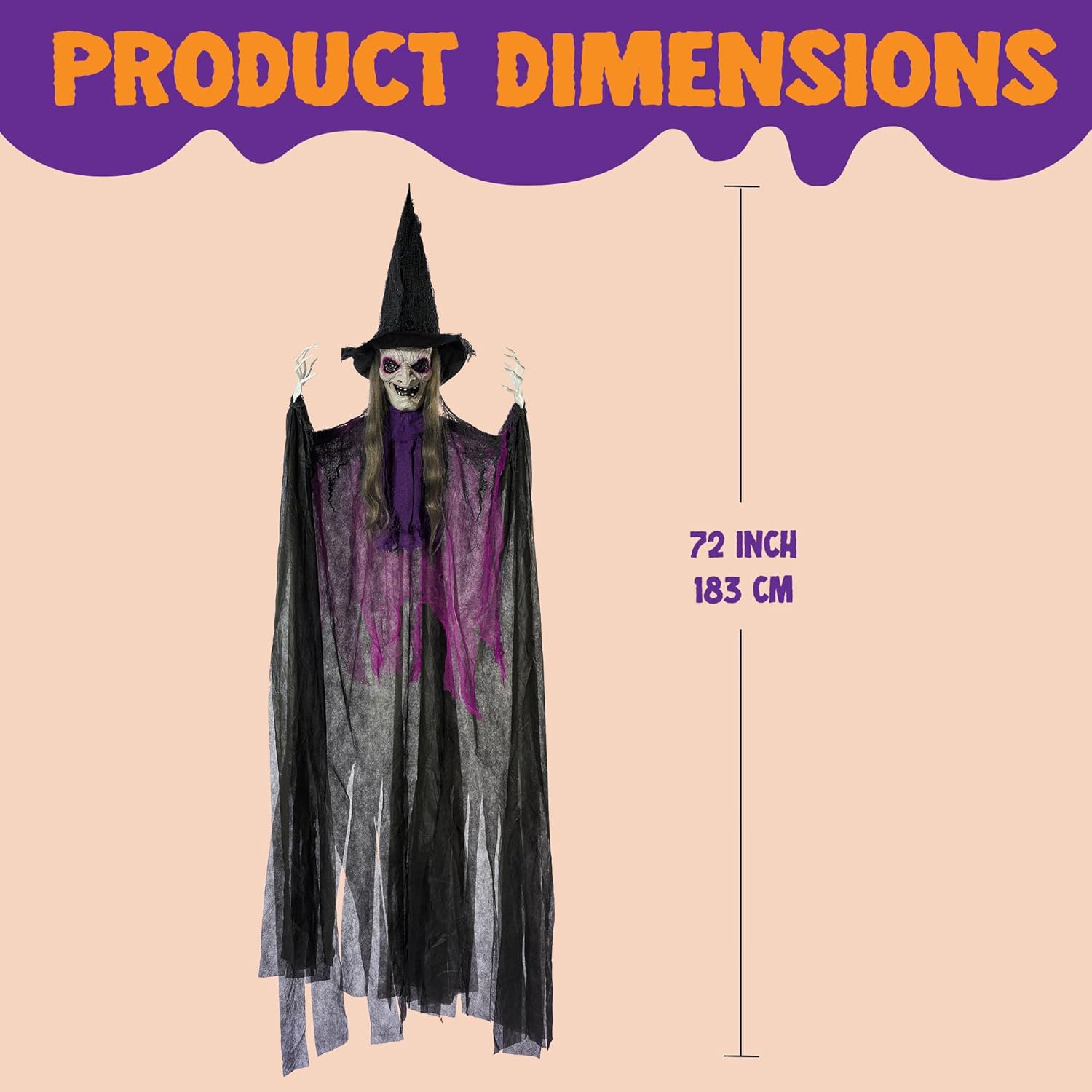 Joyfy 6ft Halloween Witch Decoration,Outdoor Scary Halloween Animatronic Hanging Witch with Light Up Eyes and Sound Decoration for Halloween Outdoor